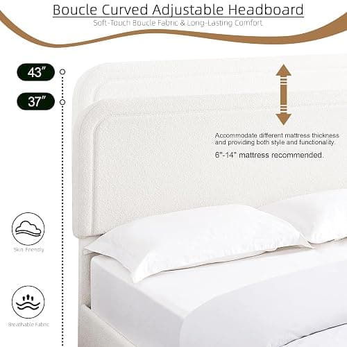 Queen Size Boucle Upholstered Platform Bed Frame, with 4 Drawers Storage, Curved Stitched Tufted Headboard, Wooden Slat Mattress Support, Noise Free, Easy Assembly, No Box Spring Needed, Ivory thumbnail 3
