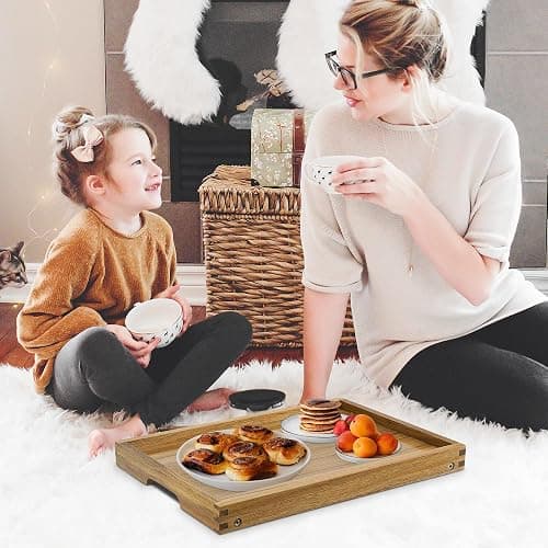 VaeFae Acacia Bed Table Tray, Wooden Breakfast Tray with Folding Legs, Bed Tray for Eating and Laptop, Eating Trays for Bedroom thumbnail 2