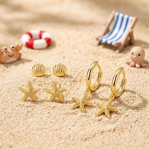 Gold Seashell Starfish Stud Hoop Earrings for Women, Summer Beach Flower Drop Earrings for Multiple Piercing Cartilage, Dainty Trendy Dangling Earring 3 Pairs Set Vacation Outfits Accessories Jewelry thumbnail 5