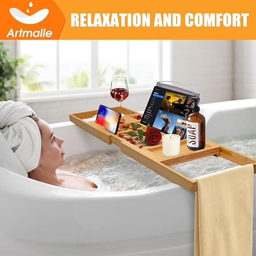 Artmalle Luxury Bathtub Caddy Tray for Tub - Foldable Bamboo Bath Table Tray with Book and Wine Glass Holder, Expandable Bathroom Accessories for Spa or Reading Lite Style thumbnail 4