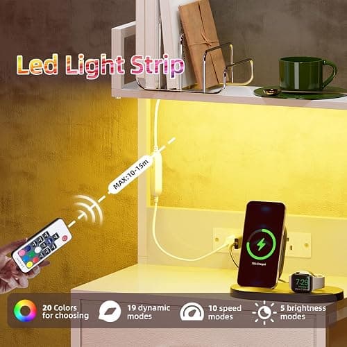 Somdot White Nightstand with Charging Station and LED Lights, Bedside Table Tall Night Stand with 4 Fabric Drawers and Top Shelf for Bedroom Guest Room Dorm Hallway thumbnail 4