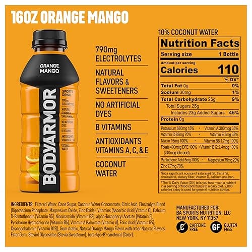 BODYARMOR Sports Drink Sports Beverage, Orange Mango, Coconut Water Hydration, Natural Flavors With Vitamins, Potassium-Packed Electrolytes, Perfect For Athletes, 16 Fl Oz (Pack of 12) - Orange Mango - 16 Ounce (Pack of 12) thumbnail 2