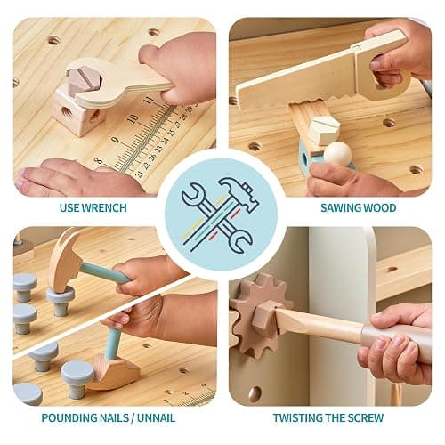 Kids Tool Bench,Wooden Play Tools Set with Kids Tool Belt Toddlers Workbench Pretend Construction Tools Set Wooden Toy Drill Gift for Boys & Girls Age 3-5 thumbnail 5