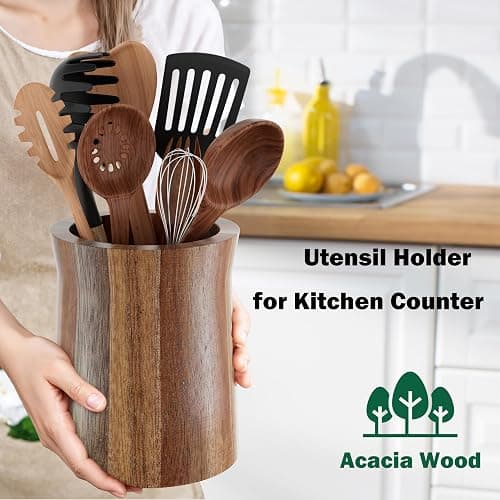 Segtenant Utensil Holder, Acacia Wood Utensil Holder for Kitchen Counter, 360° Rotating Cooking Utensil Crocks for Countertop, 7.2" Large Utensil Organizer for Spatula Storage thumbnail 4