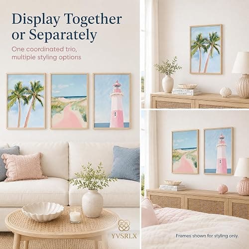 YVSRLX Set of 3 Pink Coastal Beach Wall Art Prints, 12x16 Inch Unframed Preppy Coastal Granddaughter Posters, Palm Tree Lighthouse Pictures for Teen Girls Bedroom Bathroom Dorm Decor thumbnail 8