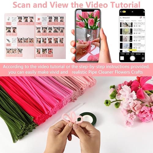 600 PCS Pink Pipe Cleaners Craft Bulk, 6 Pastel Colors Pipe Cleaner Flower Kit, Chenille Stems with Instructions, Floral Wires, Gardening Tape, Stamen, DIY Art and Craft Supplies(Rose Pink Gradient） thumbnail 6