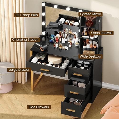 FIONESO Makeup Vanity Desk with Mirror & Lights, Vanity Desk with 4 Drawers & Charging Station, Dressing Vanity Table with Open Storage Shelves, 3 Color Modes, Vanity Table for Bedroom, Black thumbnail 6