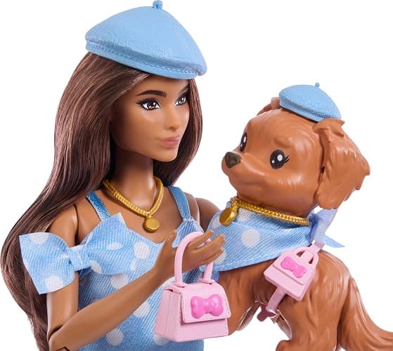 Barbie Twinning Looks Doll with Pet Dog in Matching Blue Polka Dot Clothes and Accessories for Both like Berets and Purses, Brown Hair, JFP38 thumbnail 4