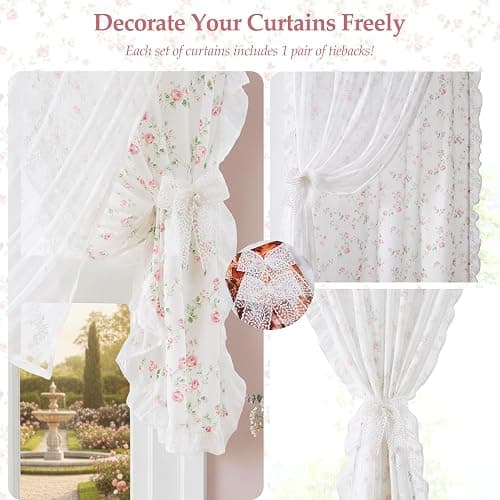 ZJDECOR Vintage Floral Curtains with Lace Sheer Overlay 84 Inch,Pink Flower on White Not-See-Through Sheer Drapes Lace Ruffle Edge,Shabby Chic Window Treatment for Bedroom Living Room,Rod Pocket,Pink thumbnail 5