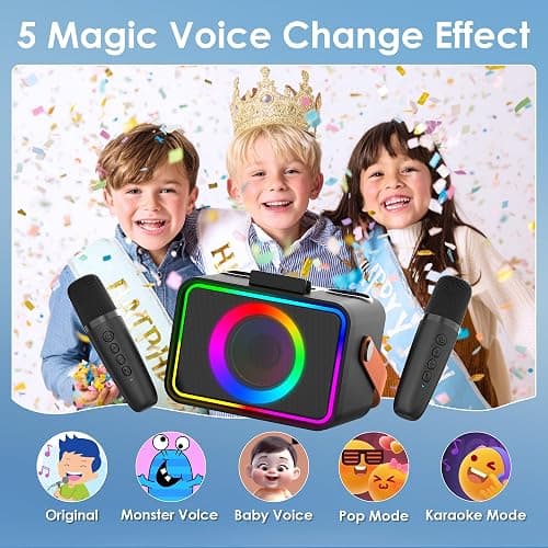 Portable Bluetooth Karaoke Machine with 2 Wireless Microphones Power Amplifiers for Adults & Kids Toys with LED,Karaoke Microphones Power Amplifiers Supports USB/TF/AUX,Gift for Party (Black) thumbnail 3