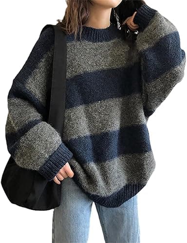 CENLLE Winter 90s Grunge Aesthetic Streetwear Sweater Retro Y2k Vintage Gothic Loose Women Knit Pullover Striped Jumper - One Size - Blue07 - Image 1
