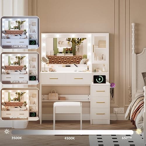 White Vanity Table with Drawer Dresser, Farmhouse Vanity Makeup Desk with Charging Station, Vanity Desk with Lights Mirror & Drawers for Makeup,Vanity Desk with Storage Shelf & 5 Drawers (Gold Handle) thumbnail 3