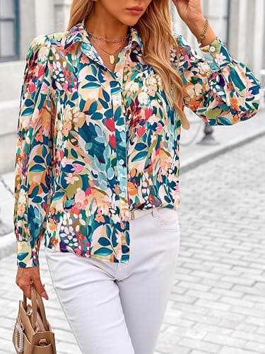 PRETTYGARDEN Womens Floral Blouses Dressy Casual Long Sleeve Fall Tops 2026 | V Neck, Button Down Shirts, Boho Tops, Chiffon Work Blouses, Business Casual Clothes, Vacation Teacher Outfits thumbnail 3