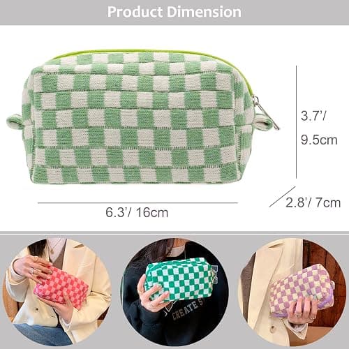 Checkered Makeup Bag for Purse, Small Travel Cosmetic Pouch,Light Green | Cute Zipper Makeup Organizer for Women, Travel Essentials, Toiletries, Makeup Brushes, Beauty Accessories&Bridesmaid Gifts thumbnail 3