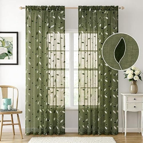 MIULEE Olive Green Sheer Curtains 2 Panels Embroidered Leaf Patterned Rod Pocket Floral Semi Faux Linen Window Curtains Drapes Set for Living Room Bedroom Dining Room, 52x84 Inches Long thumbnail 3