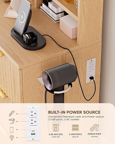 LIVELYGLOW 35.4" Wooden Makeup Vanity Set with Charging Station & Stool | Smart LED Mirror, Fluted Design, Cushioned Stool, Hairdryer Rack thumbnail 6