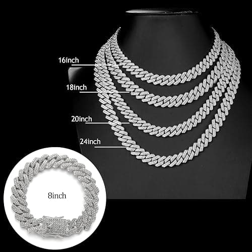 JUNVirtuous 2 Pieces Cuban Link Chain Mens Iced Out Miami Cuban Necklace and Bracelet Silver Bling Diamond Hip Hop Jewelry for Men and Women… thumbnail 3