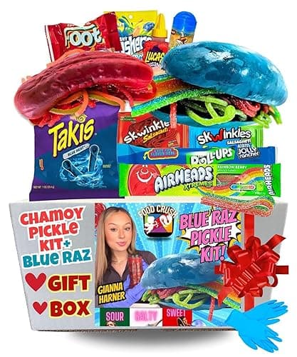 Chamoy Pickle Kit For 2 + Blue Raspberry Pickle Kit Easter Valentines Day Gift Box From Tiktok with Takis chips, Fruit Roll ups, skwinkles and other Mexican candy snacks Variety Pack by Food Crush - Chamoy + Blue Raz Gift Box