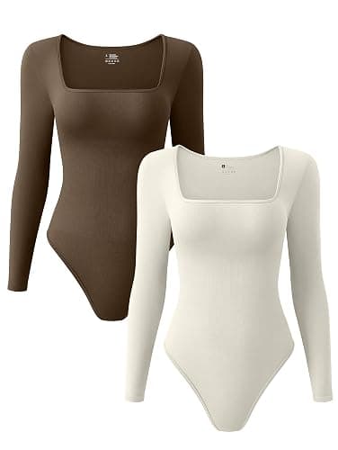OQQ Women's 2 Piece Bodysuits Sexy Ribbed One Piece Square Neck Long Sleeve Tops - Image 1