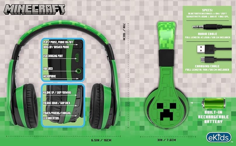 eKids Minecraft Kids Bluetooth Headphones, Wireless Headphones with Microphone Includes Aux Cord, Volume Reduced Kids Foldable Earphones for School, Home, or Travel thumbnail 3
