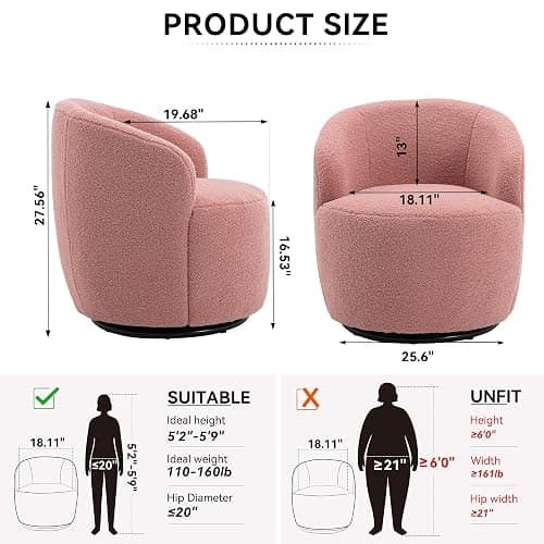 FOXHUNTER Swivel Barrel Chair, 360° Small Single Sofa Armchair Comfy Round Sofa Chair, Boucle Chairs Padded Armchair, Modern Round Accent Arm Chairs for Living Room Bedroom, Teddy Pink - Pink-teddy - One Chair thumbnail 2