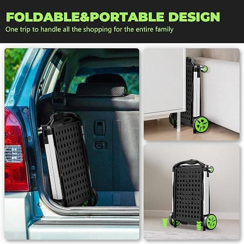 BSMTEK 8-in-1 Max 200LBS Collapsible Shopping Cart on Wheels with 2 Storage Crates, Portable Foldable Shopping Cart with Foot Brake for Picnic, Supermarket, Office, Green-2025 Upgraded thumbnail 4