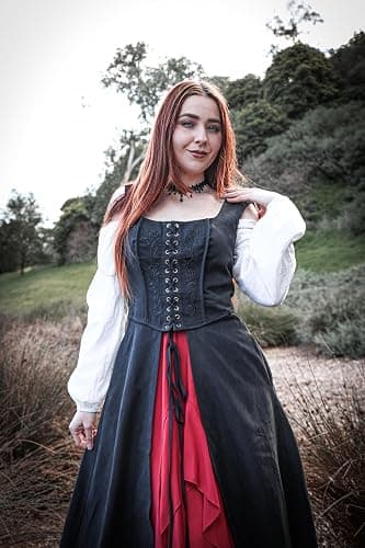 Scarlet Darkness Renaissnace Faire Costume Dress for Women Pirate Overdress | Pockets, Front lace-up, Underbust cut, for Peasant Gothic Witch Medieval Party thumbnail 6