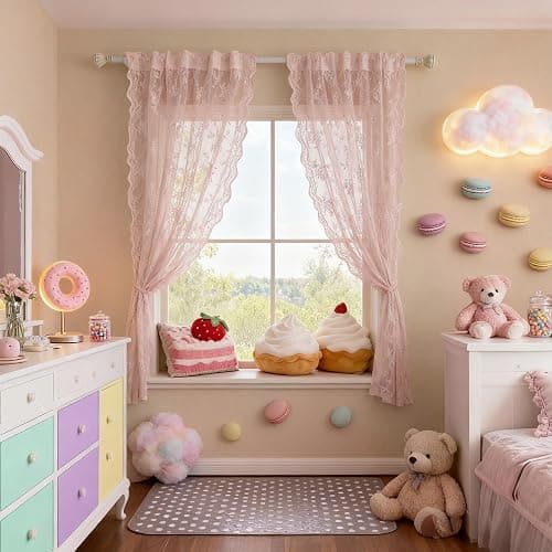 MEETSKY Pink Lace Curtains 63 Inch Length, Sheer Pink Curtain for Girls Room, Floral Vintage Light Filtering Short Curtains for Bedroom Princess Room, Lace Drapes 2 Panels, Each Panel 50W x 63L thumbnail 2