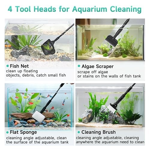 hygger Small Aquarium Cleaning Tools, 4 in 1 Fish Tank Cleaner Kit with Handle,Fish Net,Algae Scraper,Clean Brush,Flat Sponge thumbnail 2