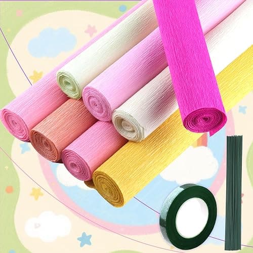 GLOREIEY 8Colors Crepe Paper Rolls,10" X 98" Crepe Paper Flower DIY Kits,20Pcs Green Floral Iron Wire, Double Sided Tape, for Birthday Parties Weddings Festival Decoration (Pink) thumbnail 4
