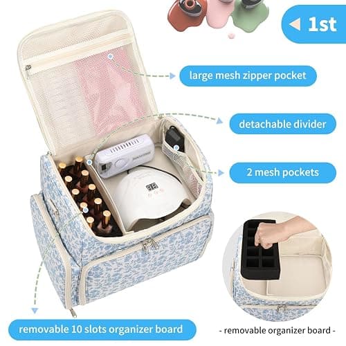 CUBETASTIC Extra Large Nail Polish Organizer Case Holds 86 to 100+ Bottles Nail Polish & Nail Lamp, Nail Supplies Storage Carrying Bag with 2 Removable Pouches (Blue Floral, 86 Slots) thumbnail 3