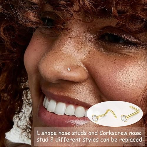 DAILI 8PCS Titanium Nose Rings Stud, Gold Nose Ring for Women Men Hypoallergenic Nostril Hoops L Shape Nose Studs Corkscrew CZ Nose Piercing Jewelry Silver 18G & 20G Nose Ring Studs 2/2.5/3mm thumbnail 2