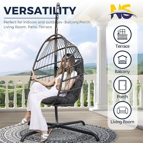 NICESOUL Comfy Indoor Outdoor Egg Chair, Patio Wicker Egg Shaped Swing Chair with Stand, Hanging Basket Seating with Cushion, 350lbs Heavy Duty Gift Hammock Chairs for Balcony Backyard Bedroom, Gray thumbnail 9