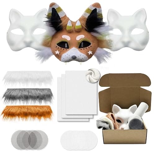 DIY Cat Mask Kit with Fur & Eye Mesh and Felt Sheet,DIY Cat Mask All-in-One to Paint, Blank White Mask for Cosplay Christmas - Image 1