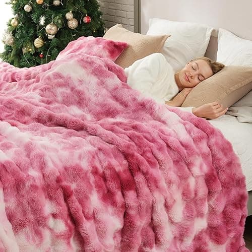 Cozy Bliss Faux Fur Throw Blanket for Couch, Bubble Plush Blanket Queen Size, Fuzzy Soft & Thick Blanket for Bed Sofa Living Room, 90x90 Inches Tie-dye Pink thumbnail 5