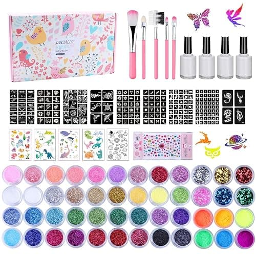 Temporary Glitter Tattoo Kit for Kids & Adults, LCDGTJ 42 Glitter & 6 Fluorescent Color, 209 Stencils, 4 Glue, 5 Brushes, 1 Diamond Sticker, Safe & Easy Removal Face Body Art Birthday Party Supplies - Image 1