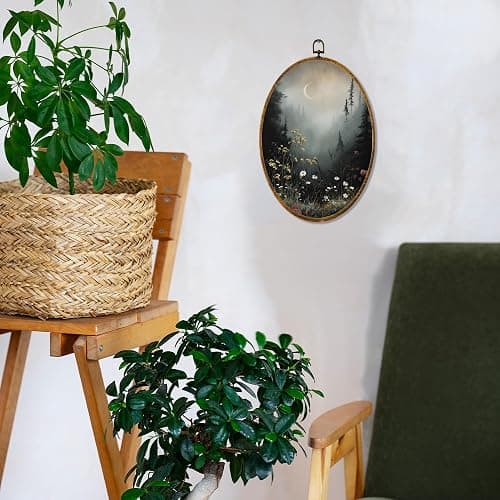 Hiuwevt Vintage Moody Forest Moon Oval Wall Art Decor, Dark Cottagecore Flower Field Framed Canvas Prints, Rustic Landscape Oval Wall Hanging Decor for Home Bedroom Decorations, 8.6x11.4 Inches thumbnail 3