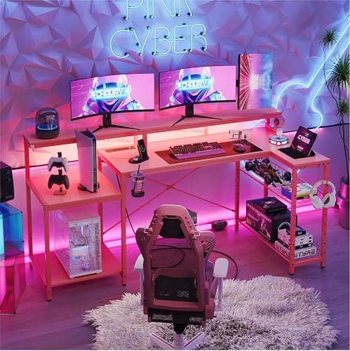 Bestier 71.5 inch Gaming Desk with Power Outlet, Large LED Computer Desk with Monitor Stand, L Shaped Desk with Storage Shelf, Cup Holder & Headset Hooks, Corner Gamer Desk for Bedroom Pink - Image 1
