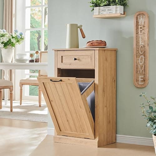 IFBUY Tilt Out Laundry Hamper Cabinet, Trash Can Cabinet, Natural | 10 Gallon Farmhouse Trash Cabinet w/Drawer, Hidden Wood Garbage Can Cabinet w/Laundry Storage Basket for Bathroom, Kitchen thumbnail 5