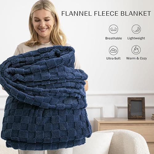 Exclusivo Mezcla 3D Checkered Fleece Throw Blanket for Couch, Navy Blue | Soft Lightweight Fuzzy Blanket, Breathable Cozy Cute Fluffy Blanket for Sofa, Chair, Home Decor, All Season Comfort, 50"x60" thumbnail 5