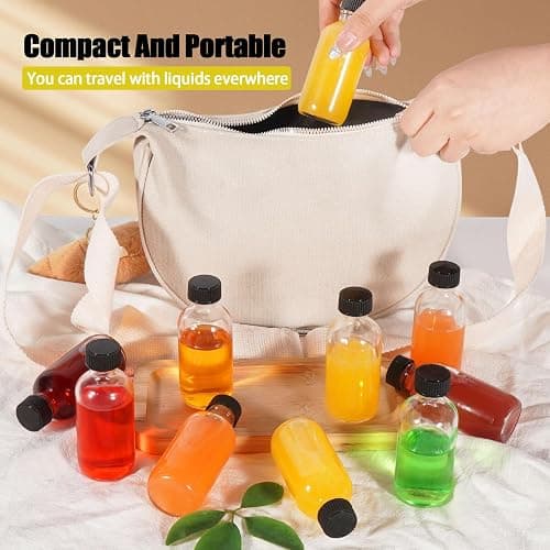 2oz Small Clear Glass Bottles with Lids, 2 Stainless Steel Funnel, 12 Labels,1 Brush - 60ml Reusable Boston Bottle for Juice, Ginger Shot, Wellness, Oils, Whiskey, Liquids - Leakproof Travel Bottle thumbnail 2