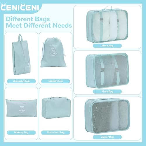 CENICENI 7 Set Packing Cubes for Travel, Gifts for Women Mom, Suitcase Organizer Bags for Luggage with Hanging Toiletry Bag and Shoe Bag, Vacation Essentials Travel Accessories Baby Blue thumbnail 3
