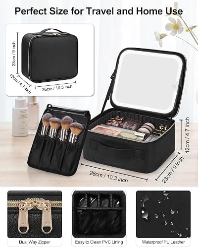 Chomeiu Makeup Bag with LED Mirror, Travel Makeup Case for Women and Makeup Artists Cosmetic Organizer Large Make Up Bags with Light Up Mirror, 3 Color Lights, Adjustable Dividers and Brush Holder thumbnail 2