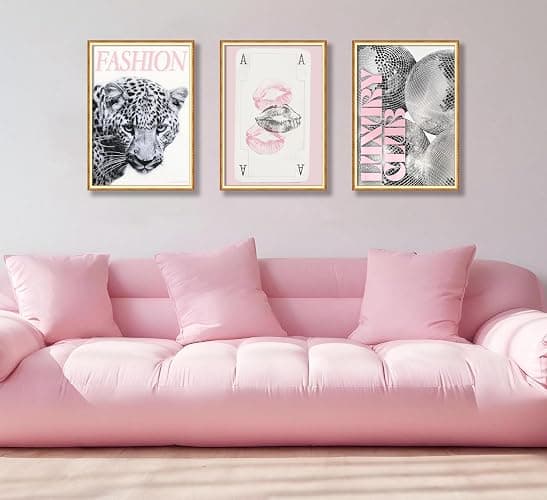 Pink Trendy Leopard Preppy Wall Art Funky Black Cheetah Picture Wall Decor Luxury Club Fashion Disco Ball Ace of Spades Painting Aesthetic Poster Print Artwork for Living Room Bedroom Dorm Apartment thumbnail 3