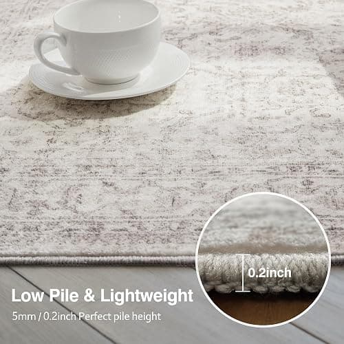 Fmfunctex 8x10 Washable Beige Neutral Vintage Large Living Room Area Rug | Non Slip Low Pile Soft Indoor Tapis Salon Throw Carpet Distressed Farmhouse Retro Floral Pattern Dining Room Bedroom Nursery thumbnail 5