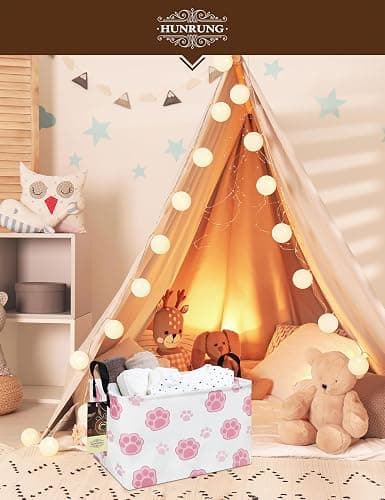 HUNRUNG Rectangle Canvas Storage Basket Foldable Waterproof Toy Organizer Bin with Handles Fabric Collapsible Storage Bins for Shelves Kids Room Playroom Nursery Clothes and Pet Supplies(REC-Pink Paw) thumbnail 5