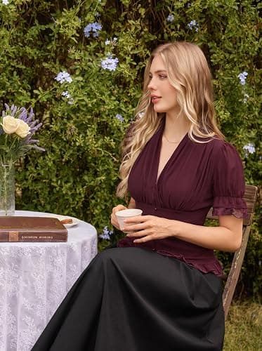 Scarlet Darkness Womens Work Tops Elegant Short Sleeve Victorian Blouse | Ideal for Ren Faire, Pirate Festival, Office, Business, Daily. V Neck, Button Down, Lace Up Back, Lace Patchwork thumbnail 4