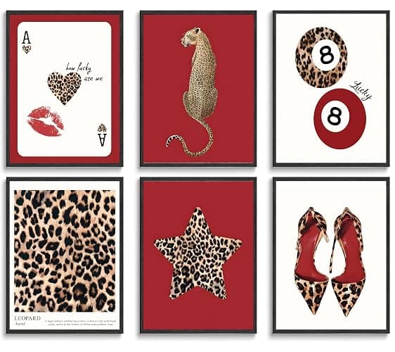 6Pcs Trendy Leopard Wall Art Prints Funky Red Lucky 8 Ball Posters Vintage Preppy Room Aesthetic Cheetah Wall Decor Pictures for Girly Bedroom Apartment Dorm Unframed (10L" x 8W") - Image 1