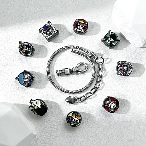 AmaaLeaf OP Charm Bracelet Gift Set 9 Anime-Style Mini Chibi Skull Faces, Luffy, Zoro, Nami, Sanji, Usopp, Robin & More, Removable Alloy Chain for Fans thumbnail 4