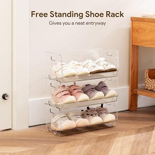 HBlife Clear Acrylic Kids Shoe Rack Baby Toddler Shoe Storage Organizer for Closet Floor Entryway Bedroom, 3 Tier Stackable Small Shoe Rack Shelf Display Stand thumbnail 5